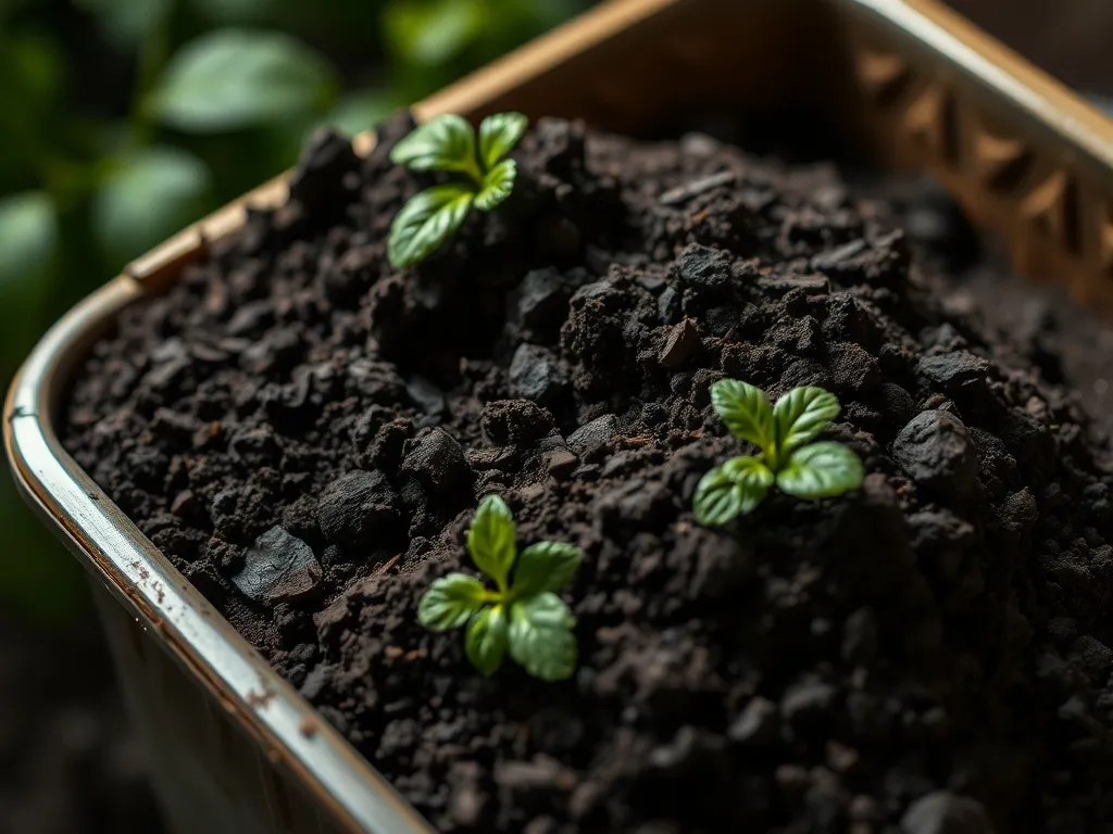 Close-up of professional dark compost soil in a container, t