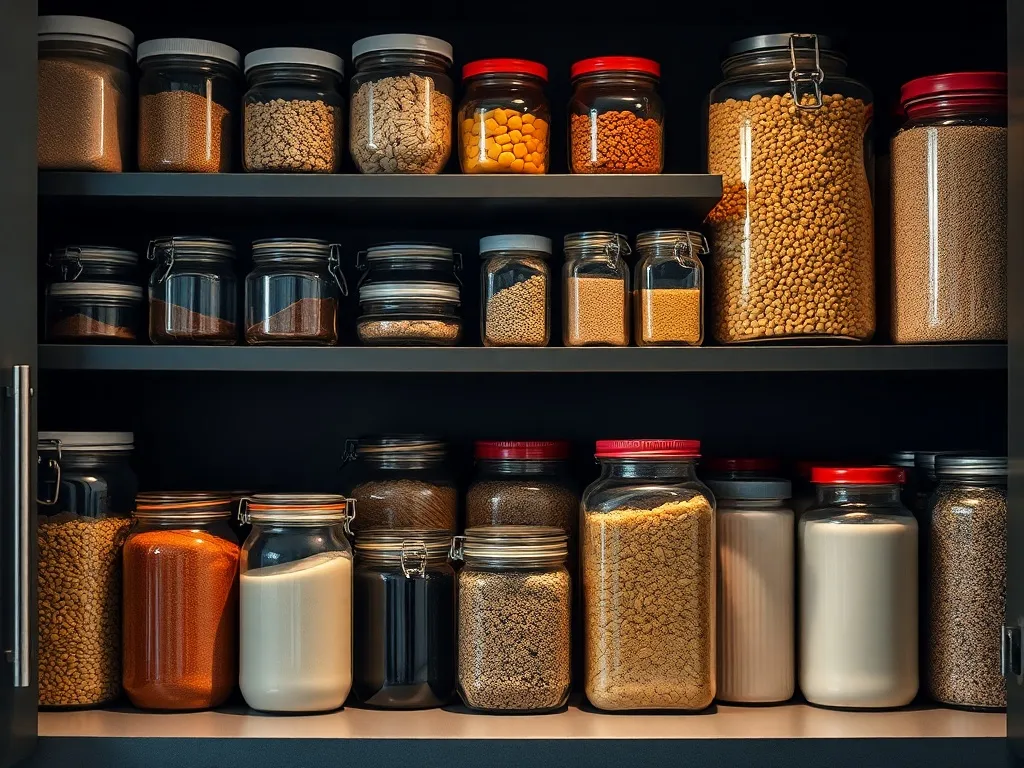 A professional high-contrast photograph of organized kitchen