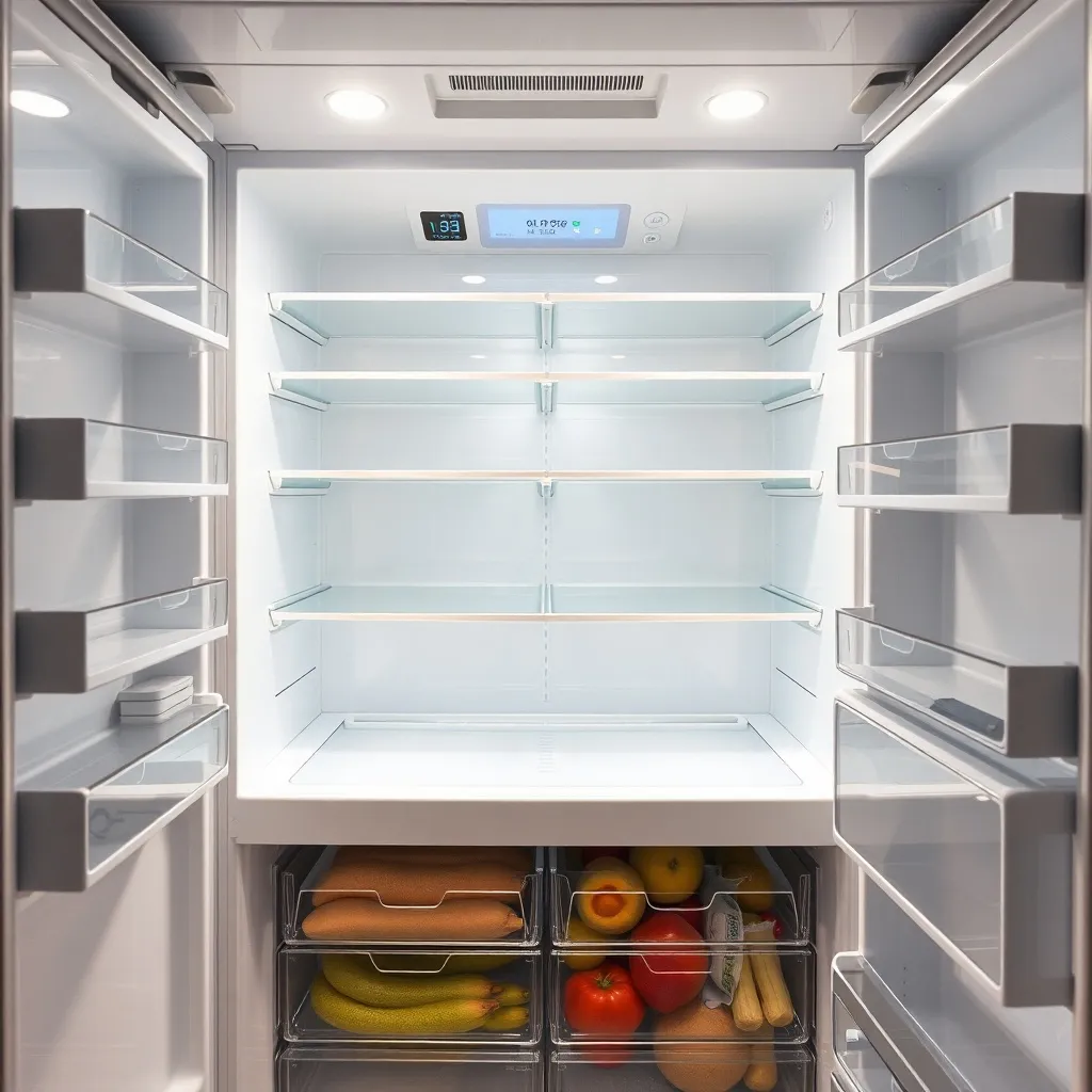 Technical diagram of a modern refrigerator interior, clean,