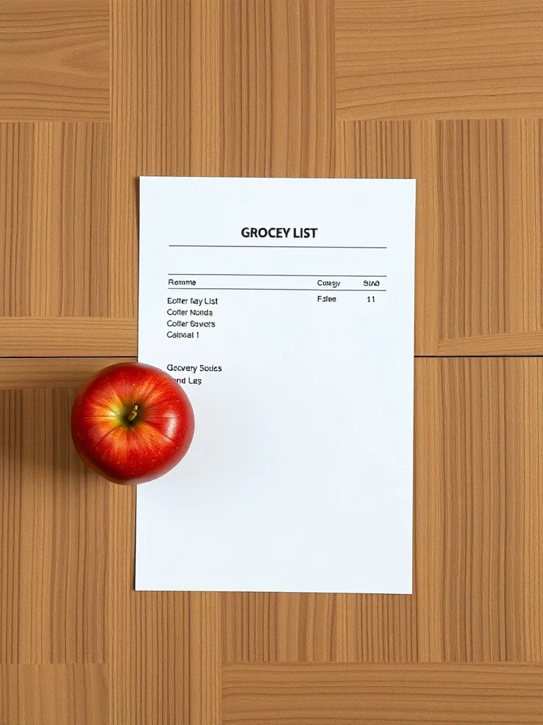 A minimalist top-down photo of a simple grocery list on a wo