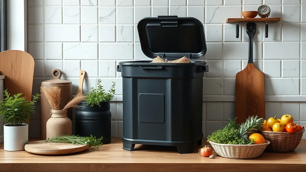 Industrial style indoor composting bin setup in a minimalist