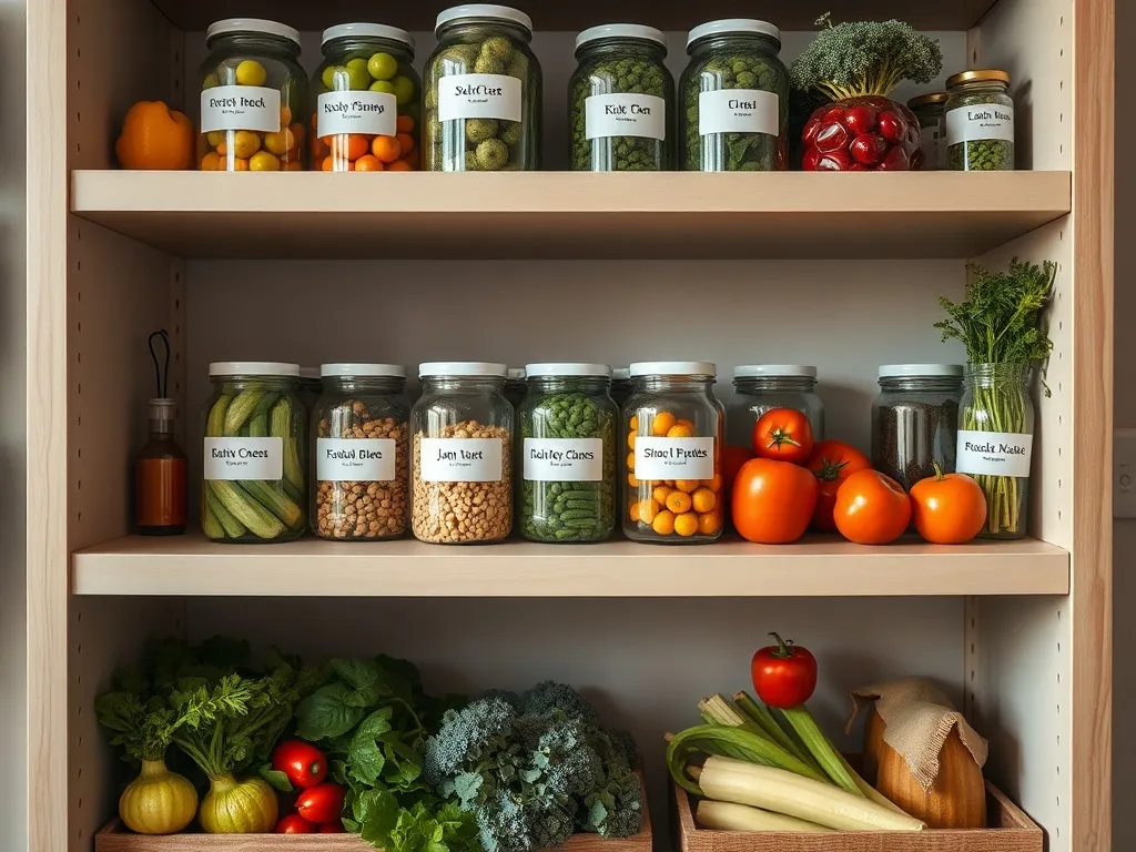 Professional kitchen storage organization, clean shelves wit
