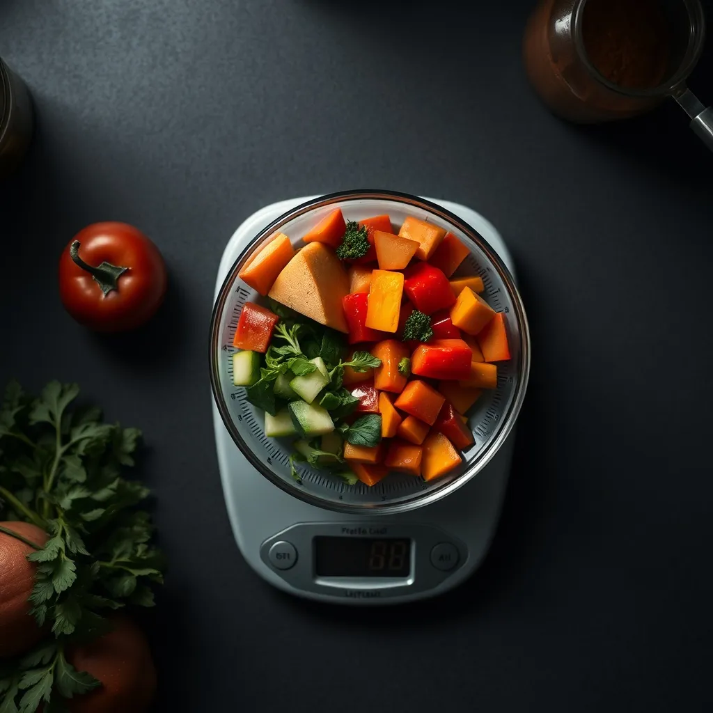 Professional kitchen scale with precise vegetable portions,