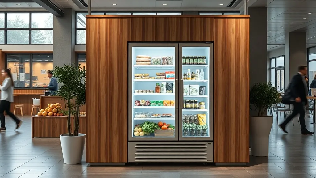 A clean, modern community food sharing refrigerator in a pub