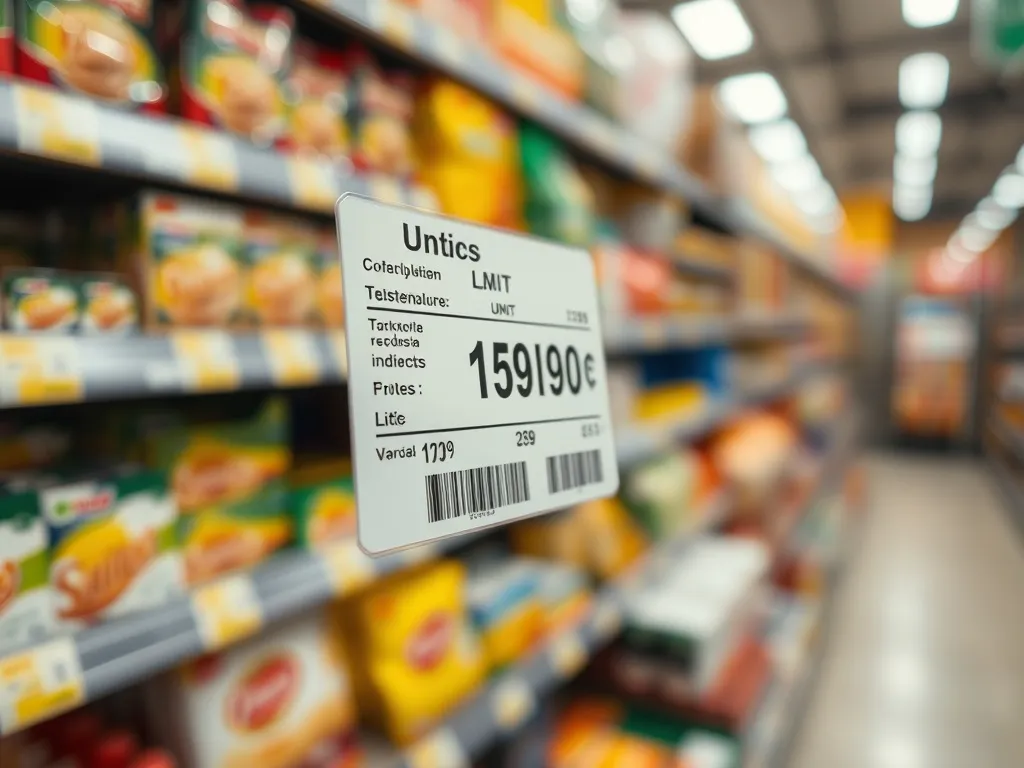 Close up of a price tag on a supermarket shelf showing unit